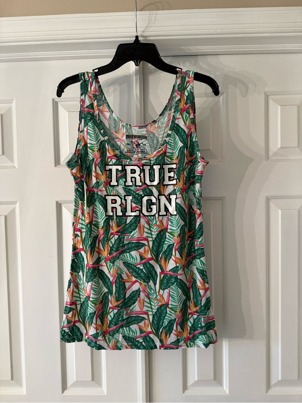 True Religion Women's Tropical Leaf Print Tank Top - Green & Pink